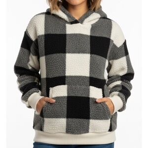 AMERICAN EAGLE Outfitters Plaid Fleece Hoodie, Women’s XS, Black Gray White